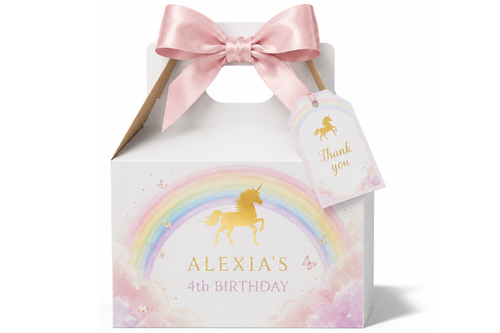 Gift box with unicorn and rainbow design, pink bow, and 'Thank you' tag on a white background